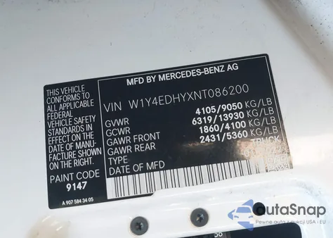 2022 Mercedes-Benz Sprinter 2500 High Roof V6 z USA, uszkodzony, nr VIN W1Y4EDHYXNT086200